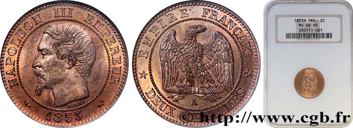 Deux centimes Napoléon III, tête nue 1853 Paris F.107/1 FDC66 NGC