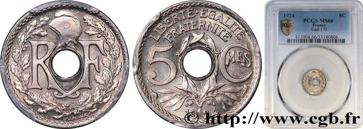 5 centimes Lindauer, petit module 1924 Paris F.122/8 ST66 PCGS