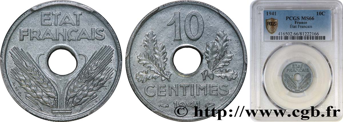 10 centimes État français, grand module 1941 Paris F.141/2 MS66 PCGS