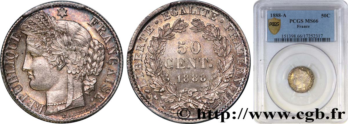50 centimes Cérès, Troisième République 1888 Paris F.189/13 ST66 PCGS