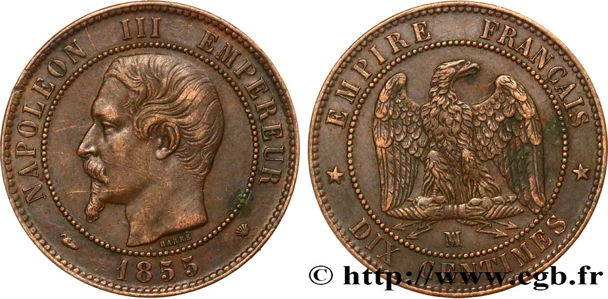 Dix centimes Napoléon III, tête nue, différent levrette 1855 Marseille F.133/30 XF 