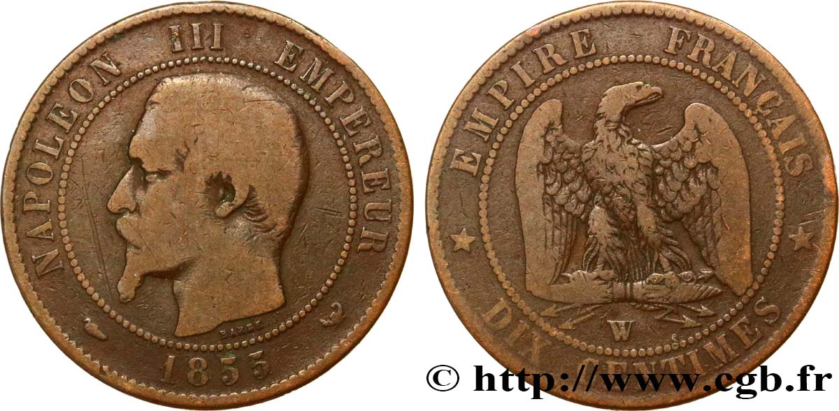 Dix centimes Napoléon III, tête nue 1855 Lille F.133/32 BC15 
