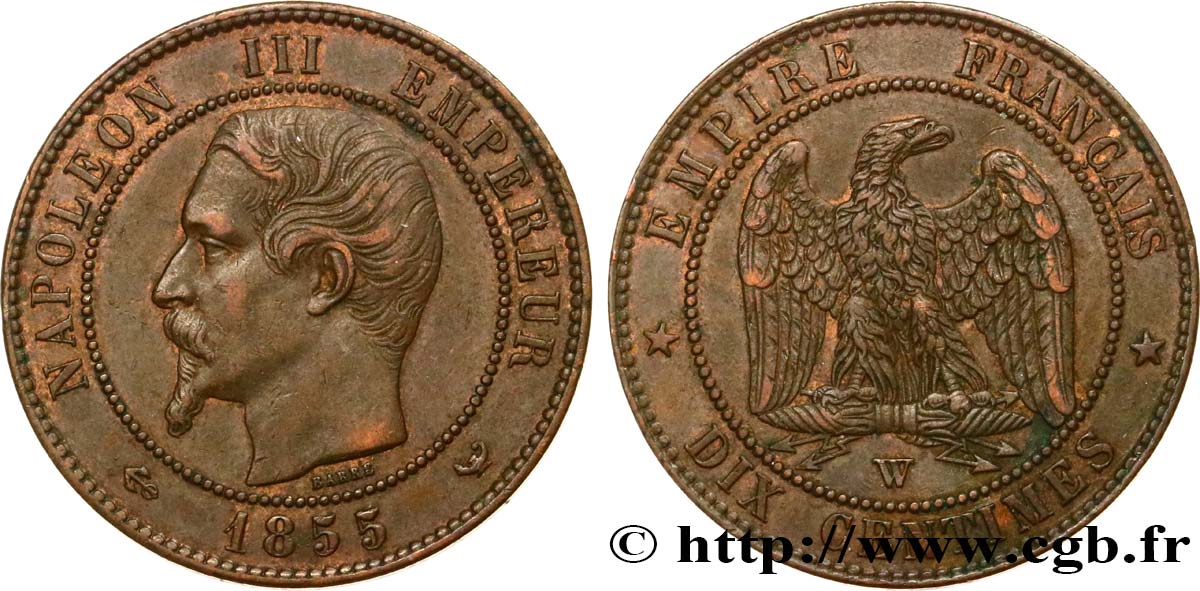Dix centimes Napoléon III, tête nue 1855 Lille F.133/33 AU53 