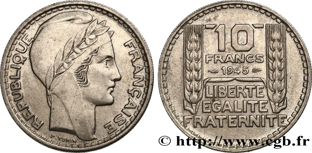 10 francs Turin, grosse tête, rameaux longs 1945  F.361/2 AU58 