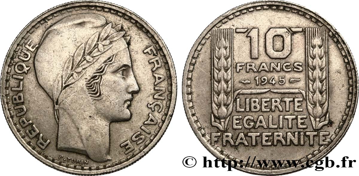 10 francs Turin, grosse tête, rameaux longs 1945  F.361/2 XF45 
