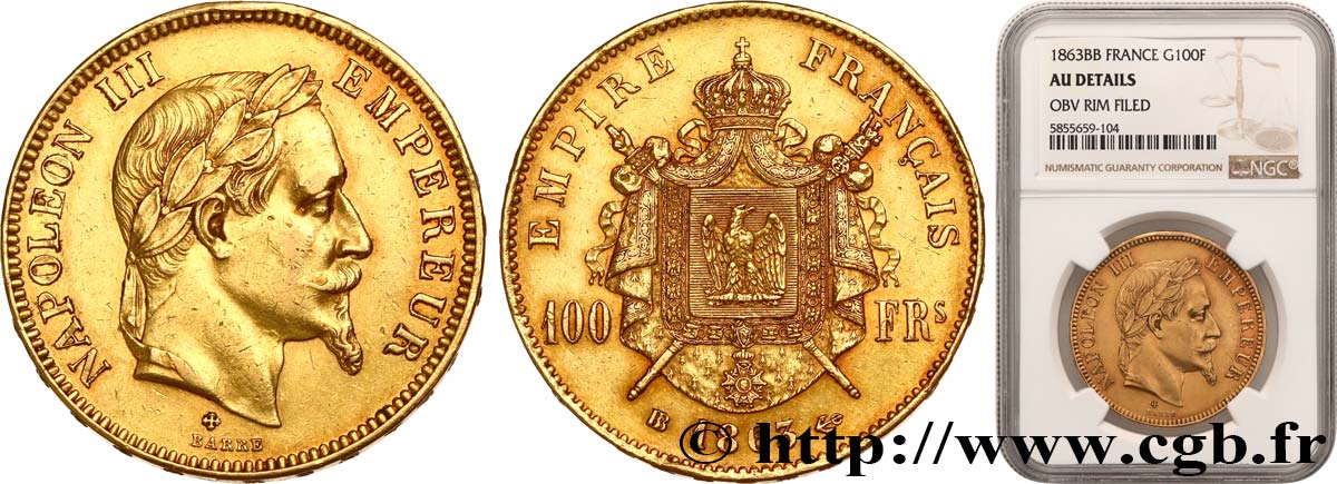 100 francs or Napoléon III, tête laurée 1863 Strasbourg F.551/3 AU NGC