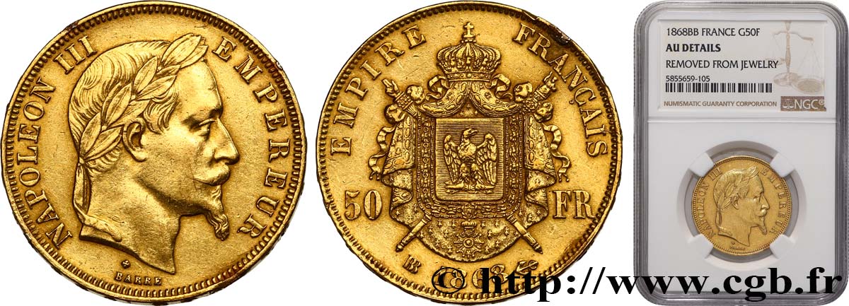 50 francs or Napoléon III, tête laurée 1868 Strasbourg F.548/11 AU NGC