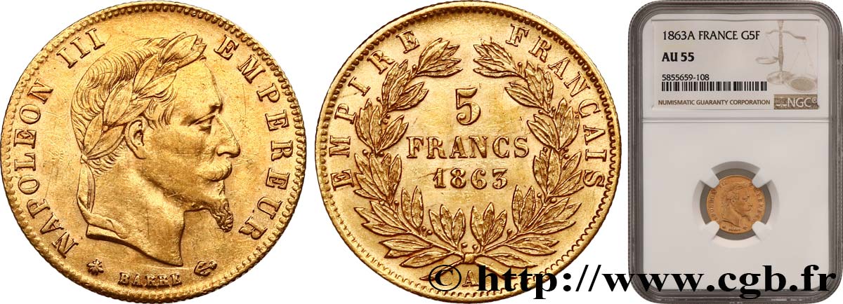 5 francs or Napoléon III, tête laurée 1863 Paris F.502/3 SUP55 NGC