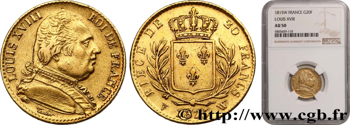 20 francs or Louis XVIII, buste habillé 1815 Lille F.517/18 TTB50 NGC