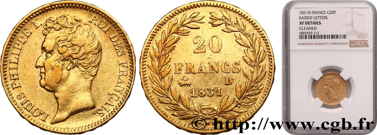 20 francs or Louis-Philippe, Tiolier, tranche inscrite en relief 1831 Rouen F.525/3 XF NGC