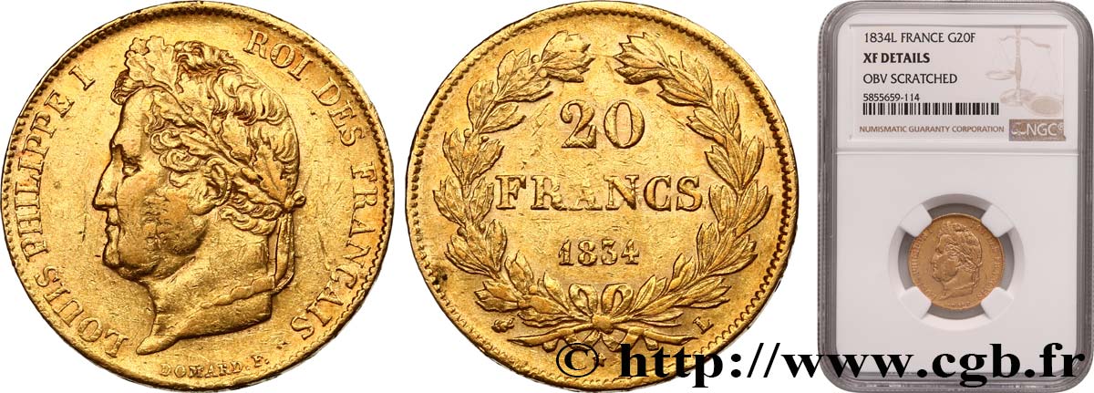 20 francs Louis-Philippe, Domard 1834 Bayonne F.527/9 TTB NGC