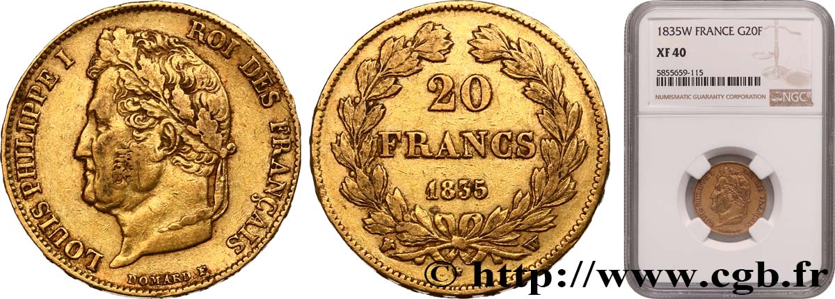 20 francs Louis-Philippe, Domard 1835 Lille F.527/13 TTB40 NGC