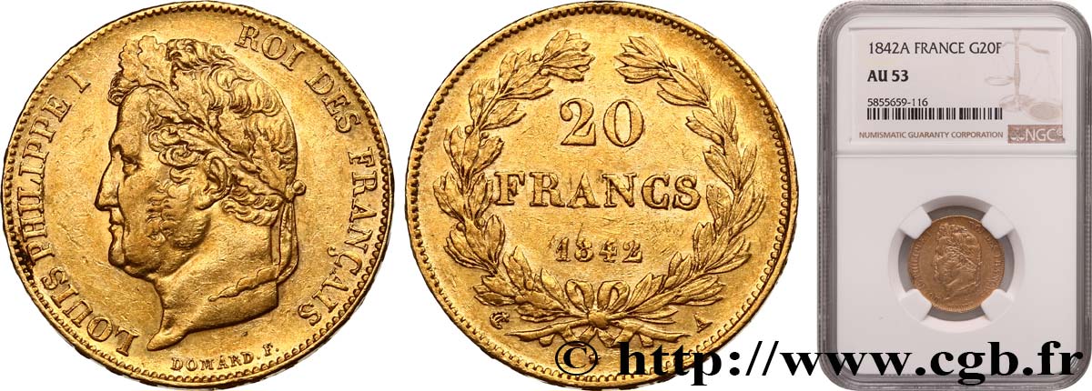20 francs Louis-Philippe, Domard 1842 Paris F.527/27 TTB53 NGC