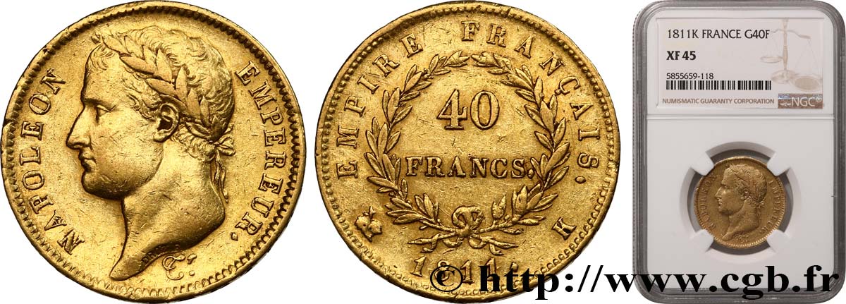 40 francs or Napoléon tête laurée, Empire français 1811 Bordeaux F.541/8 TTB45 NGC