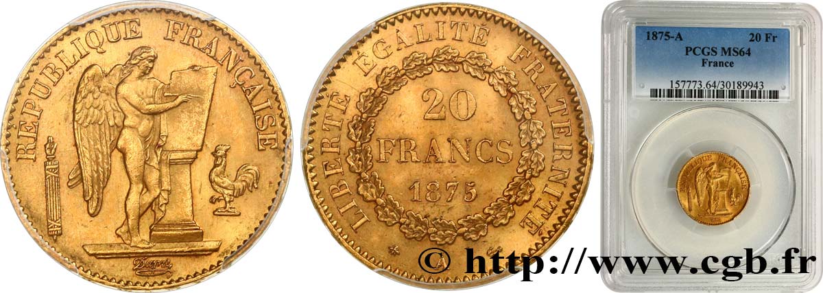 20 francs or Génie, Troisième République 1875 Paris F.533/3 MS64 PCGS