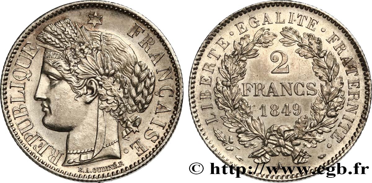 2 francs Cérès, IIe République 1849 Paris F.261/1 EBC62 