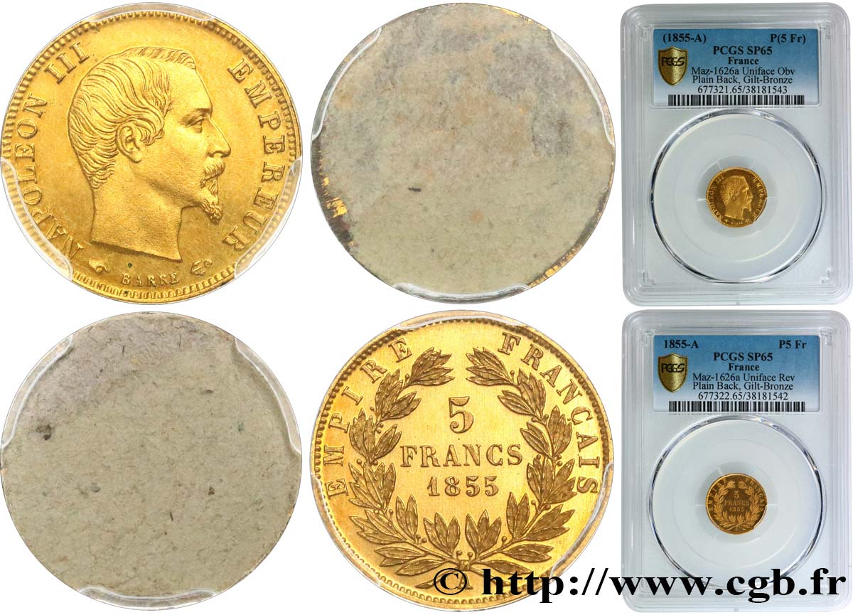 Paire d’essais de frappe unifaces d’avers et de revers de 5 francs or Napoléon III tête nue 1855 Paris Maz.1626 a MS65 PCGS