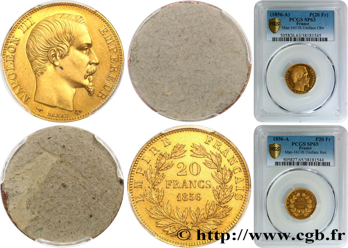 Paire d’essais de frappe unifaces d’avers et de revers de 20 francs or Napoléon III tête nue 1856 Paris Maz.1611 b SC/FDC PCGS