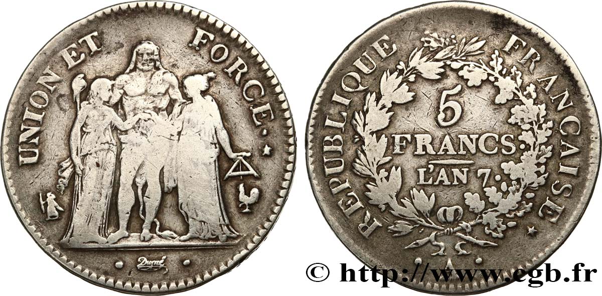 5 francs Union et Force, Union serré, seulement gland extérieur, petite feuille 1799 Paris F.288/99 VF25 