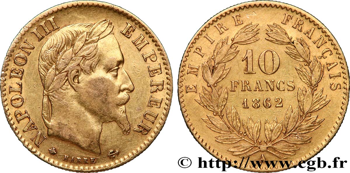 10 francs or Napoléon III, tête laurée, type définitif à grand 10 1862 Paris F.507A/1 BB40 
