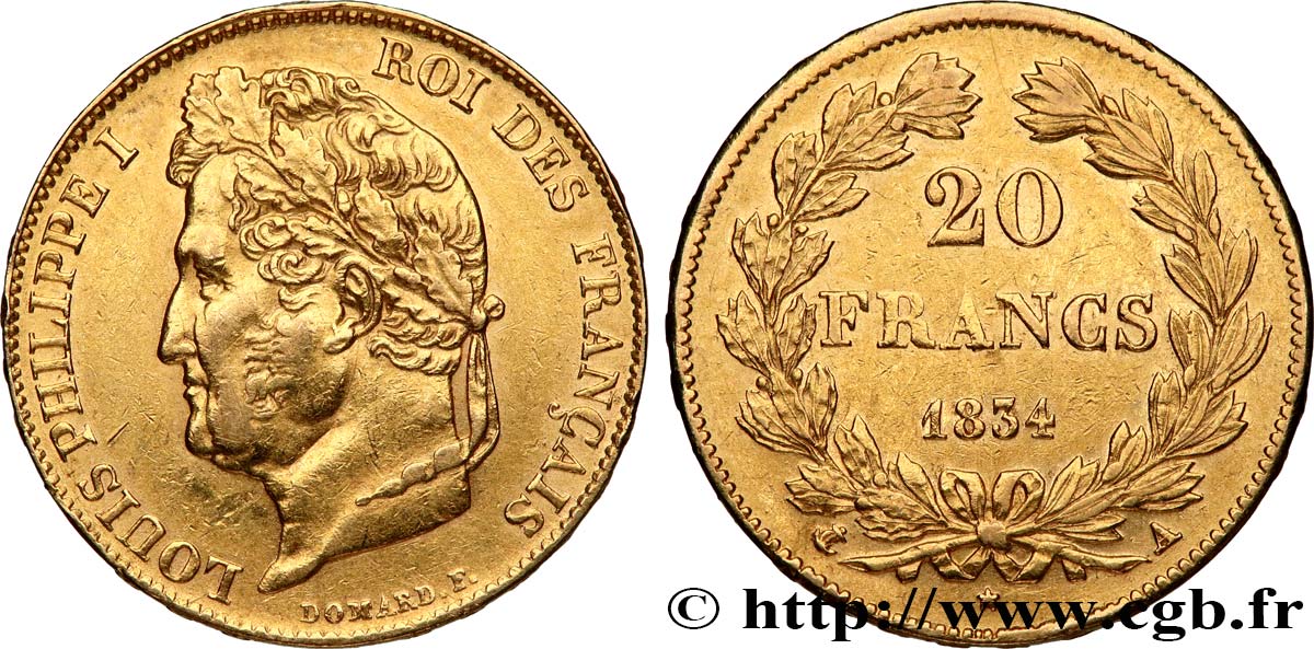 20 francs or Louis-Philippe, Domard 1834 Paris F.527/7 MBC 