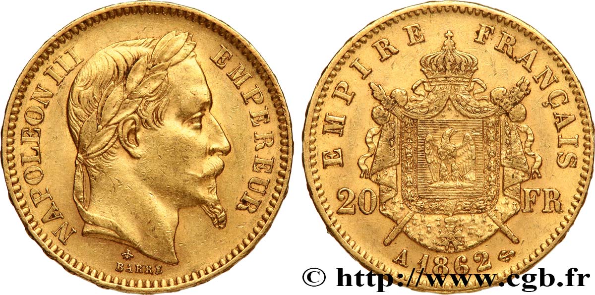 20 francs or Napoléon III, tête laurée 1862 Paris F.532/3 SS50 