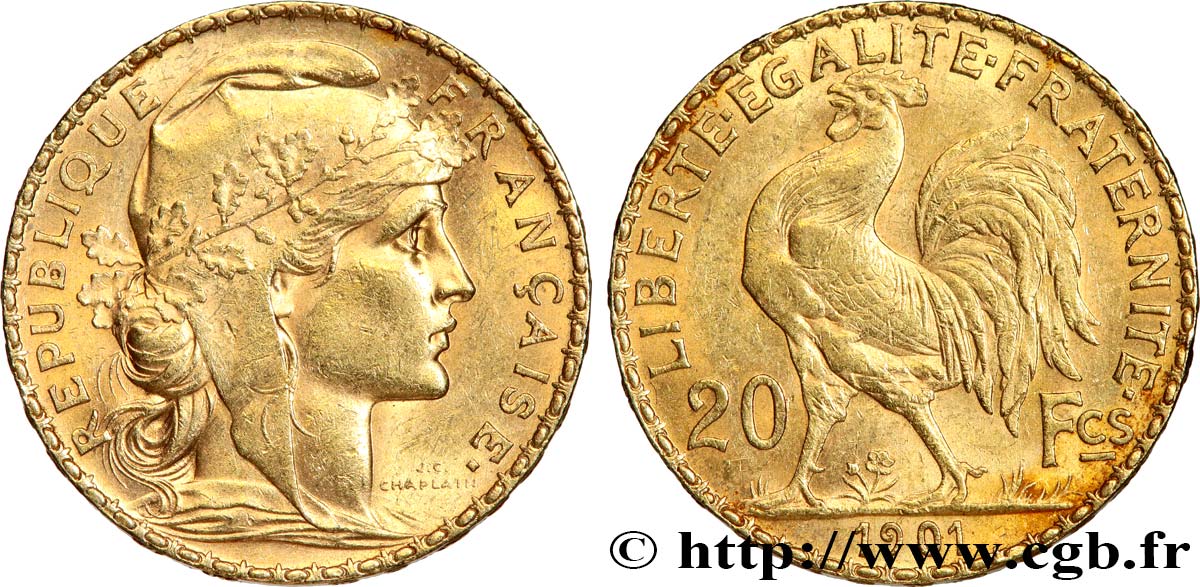 20 francs or Coq, Dieu protège la France 1901 Paris F.534/6 AU53 