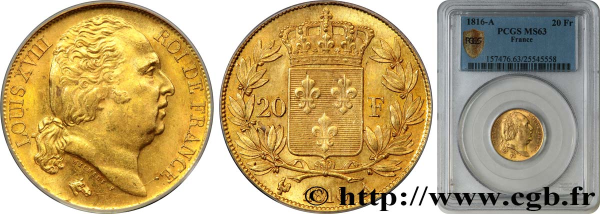 20 francs or Louis XVIII, tête nue 1816 Paris F.519/1 SPL63 PCGS