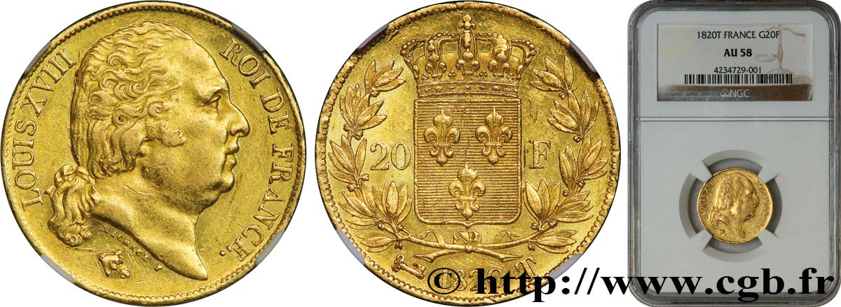20 francs or Louis XVIII, tête nue 1820 Nantes F.519/22 AU58 NGC