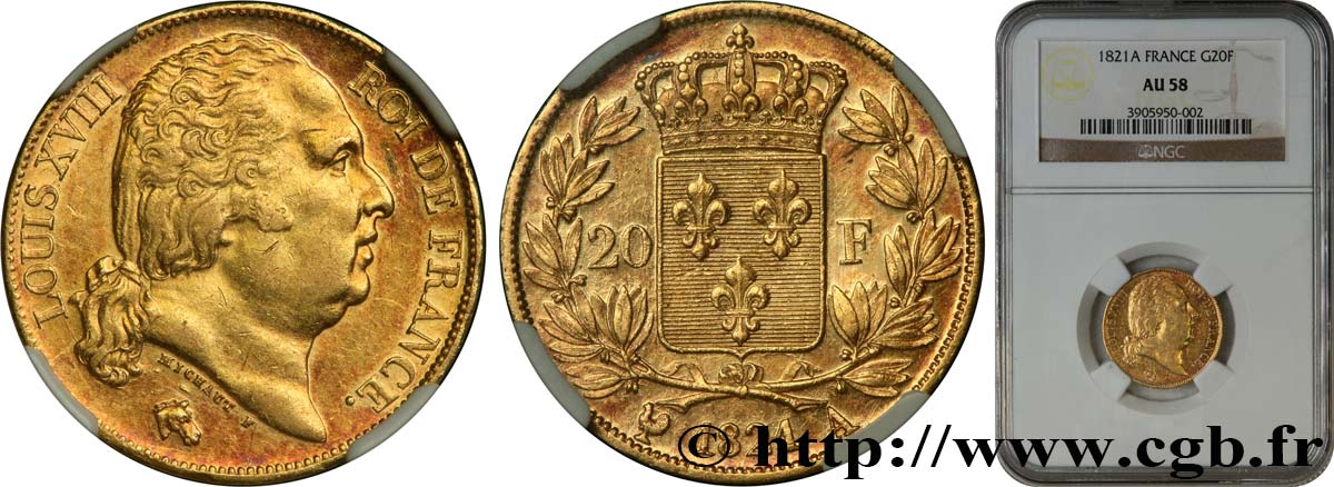 20 francs or Louis XVIII, tête nue 1821 Paris F.519/24 EBC58 NGC