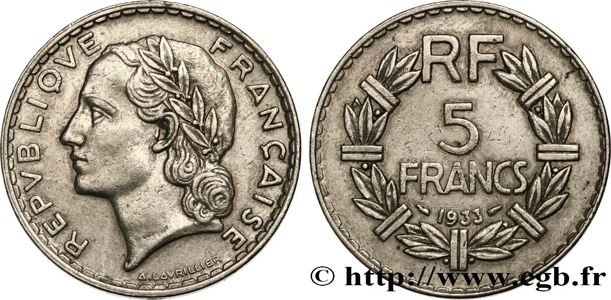 5 francs Lavrillier, nickel 1933  F.336/2 BB 