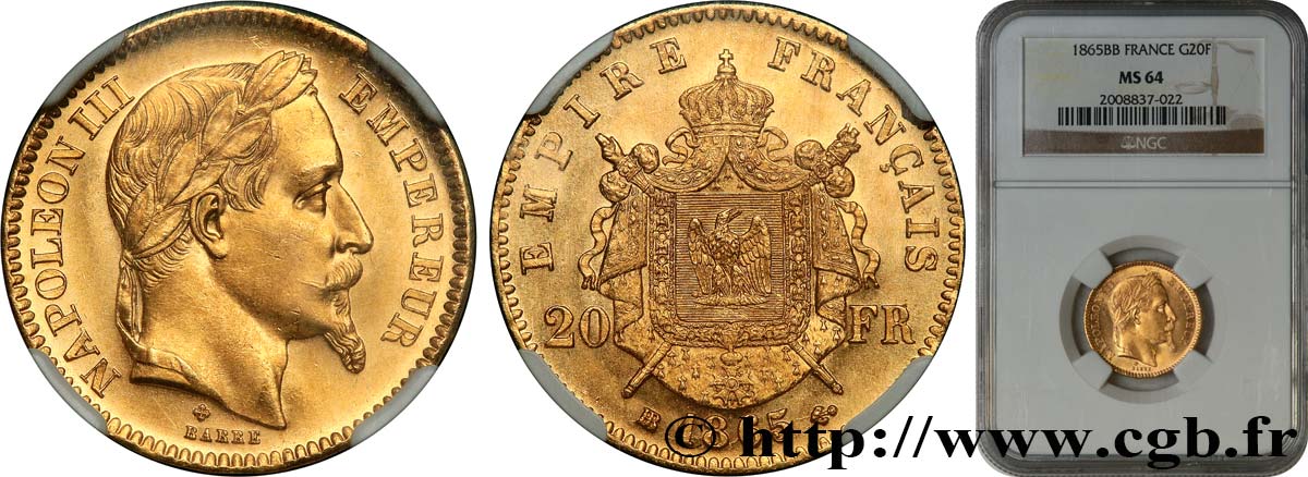 20 francs or Napoléon III, tête laurée 1865 Strasbourg F.532/12 fST64 NGC