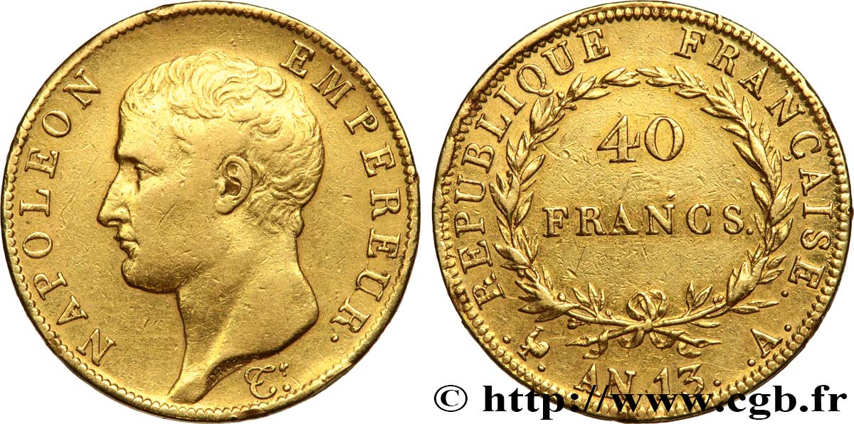 40 francs or Napoléon tête nue, Calendrier révolutionnaire 1805 Paris F.537/1 SS 