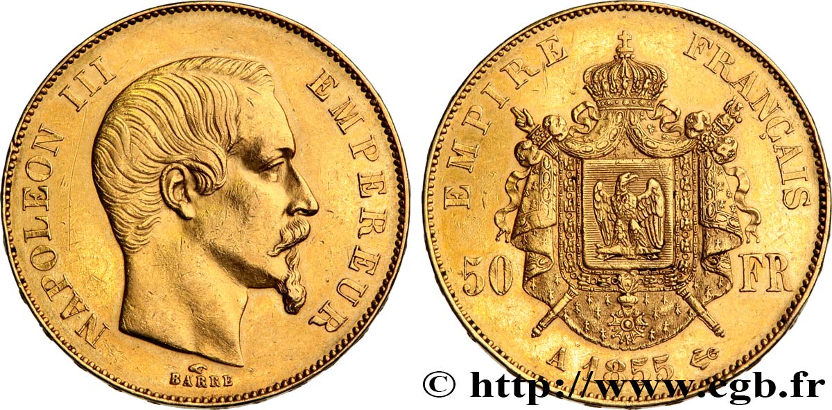 50 francs or Napoléon III, tête nue 1855 Paris F.547/1 q.SPL 