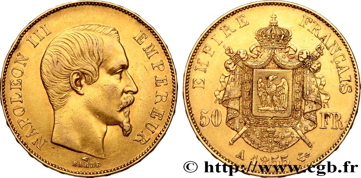 50 francs or Napoléon III, tête nue 1855 Paris F.547/1 XF 