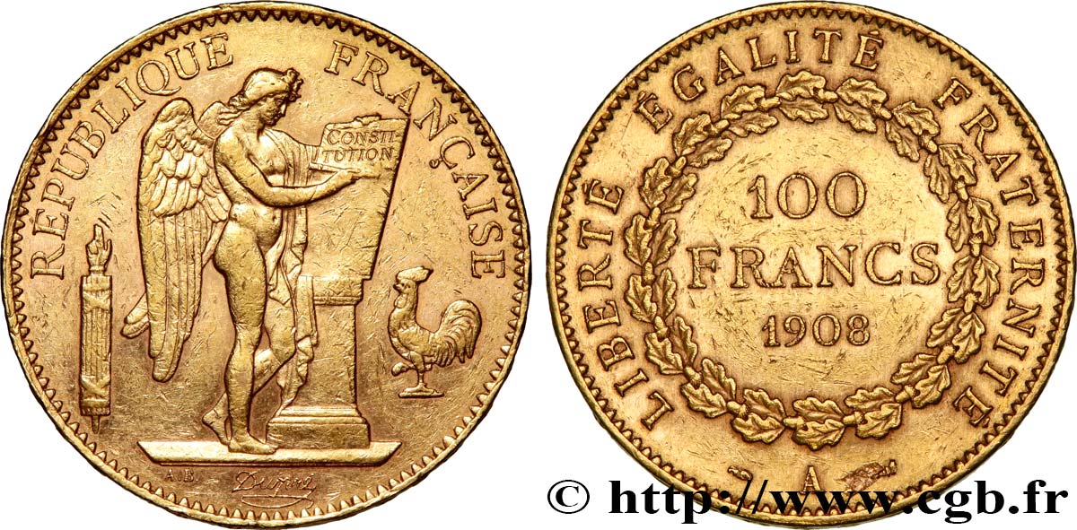 100 francs or Génie, tranche inscrite en relief liberté égalité fraternité 1908 Paris F.553/2 TTB 