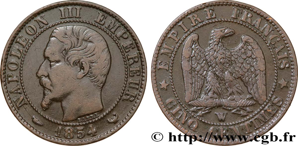 Cinq centimes Napoléon III, tête nue 1854 Lille F.116/15 VF 