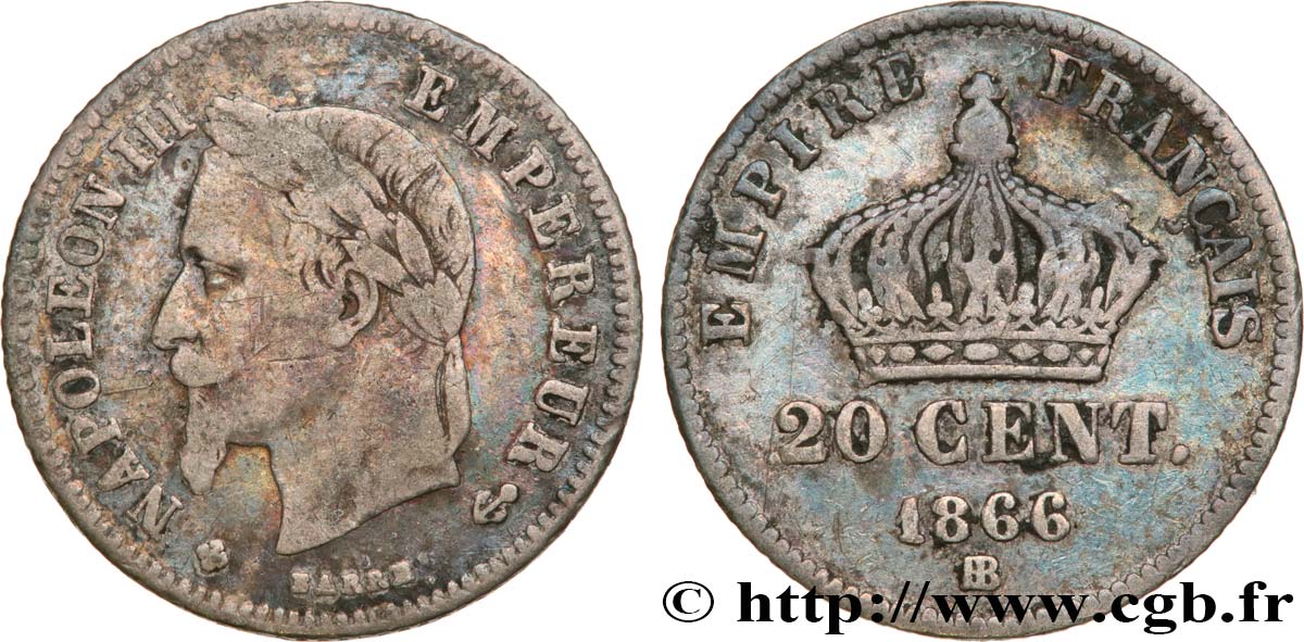 20 centimes Napoléon III, tête laurée, petit module 1866 Strasbourg F.149/5 TB20 