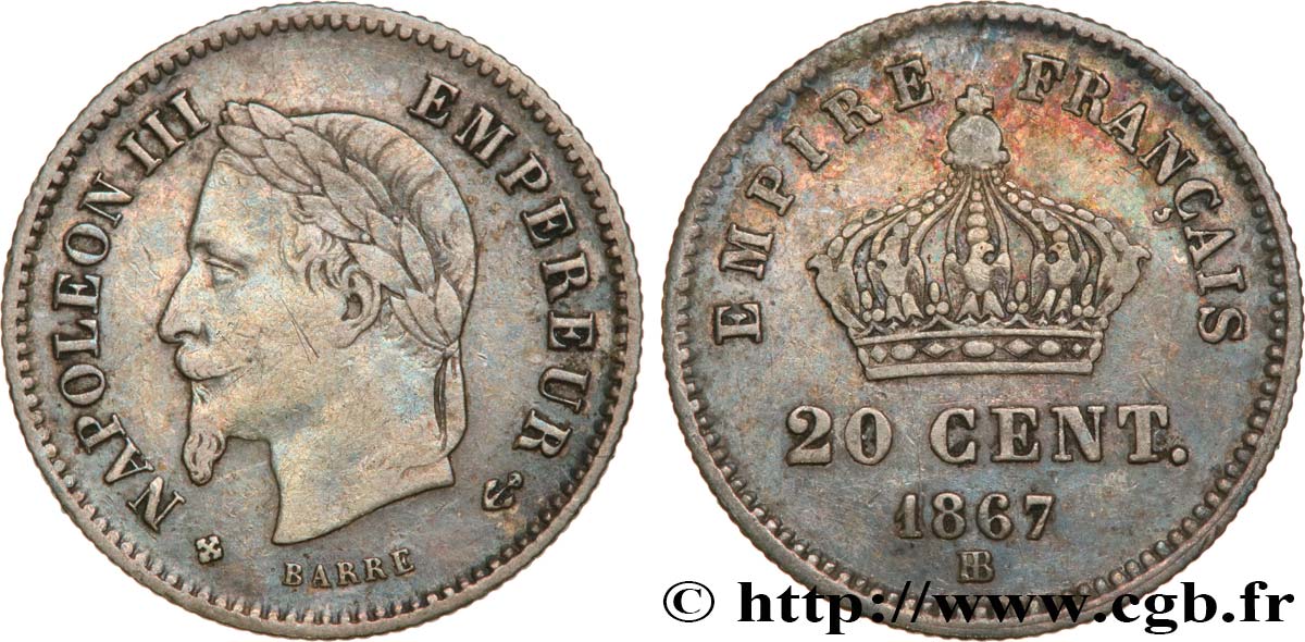 20 centimes Napoléon III, tête laurée, grand module 1867 Strasbourg F.150/2 VF35 