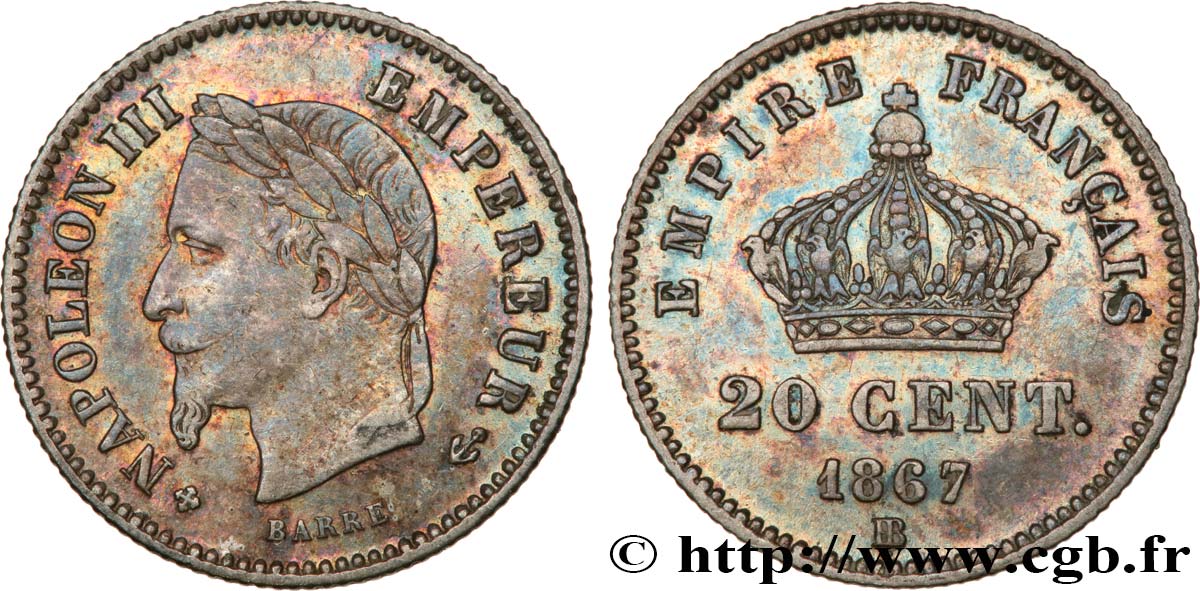 20 centimes Napoléon III, tête laurée, grand module 1867 Strasbourg F.150/2 MBC50 
