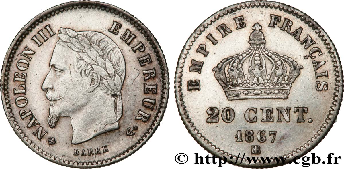 20 centimes Napoléon III, tête laurée, grand module 1867 Strasbourg F.150/2 TTB 