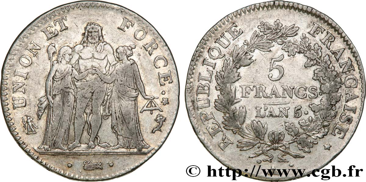 5 francs Union et Force, Union desserré, seulement gland extérieur 1797 Paris F.291/6 SS40 
