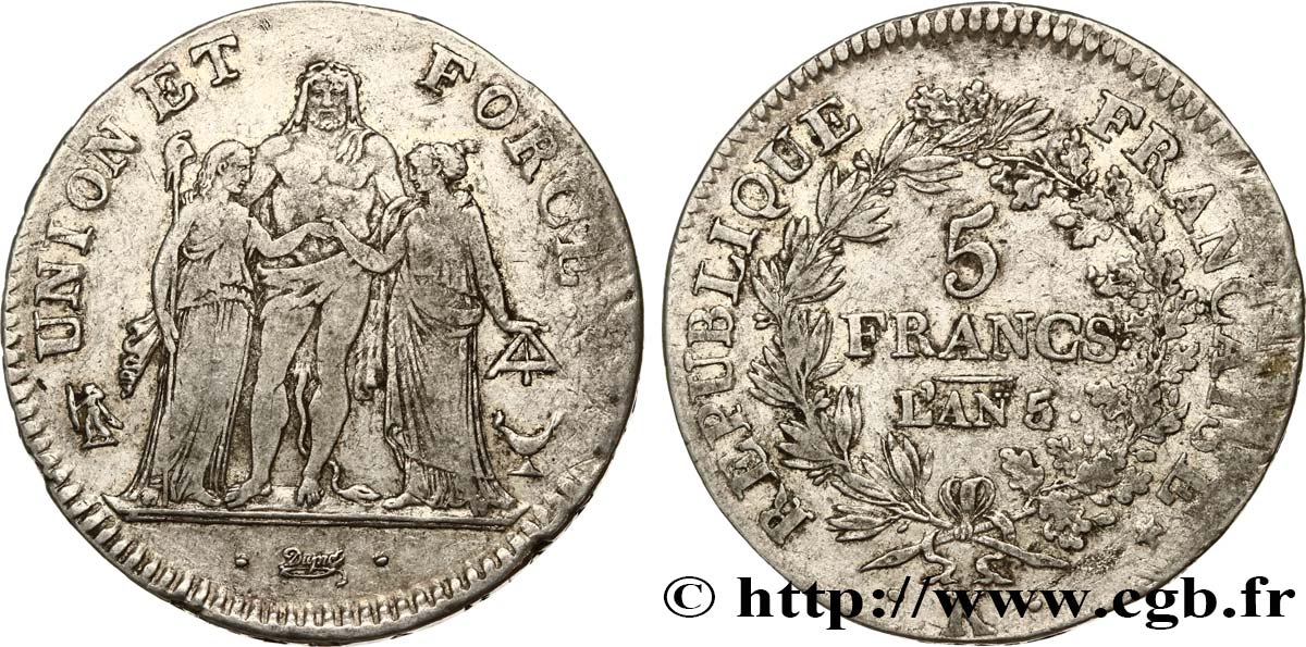 5 francs Union et Force, Union desserré, avec glands intérieurs et gland extérieur 1797 Bordeaux F.291/15 VF35 