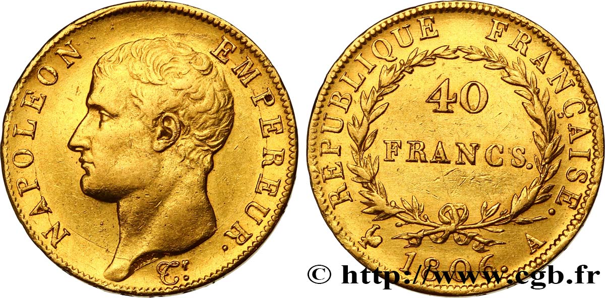 40 francs or Napoléon tête nue, Calendrier grégorien 1806 Paris F.538/1 AU50 