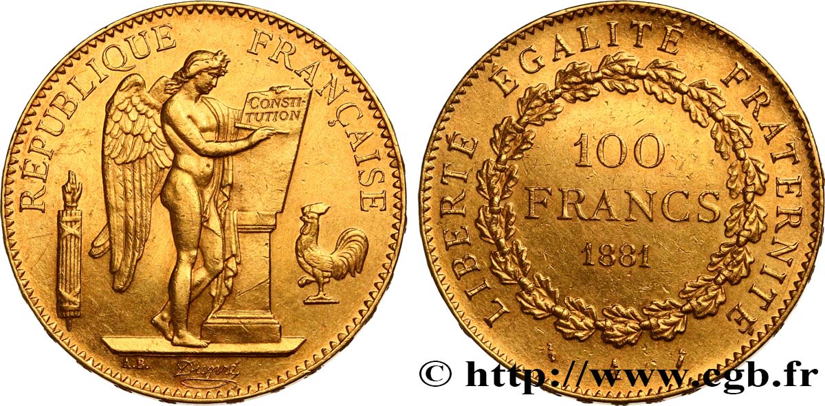 100 francs or Génie, tranche inscrite en relief Dieu protège la France 1881 Paris F.552/4 EBC 