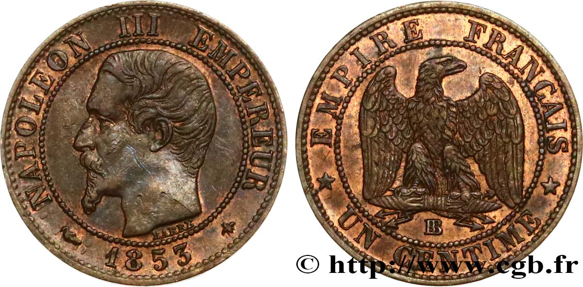 Un centime Napoléon III, tête nue 1853 Strasbourg F.102/3 MBC+ 