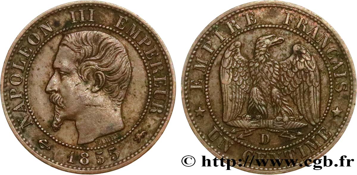 Un centime Napoléon III, tête nue, différent ancre 1855 Lyon F.102/20 XF40 