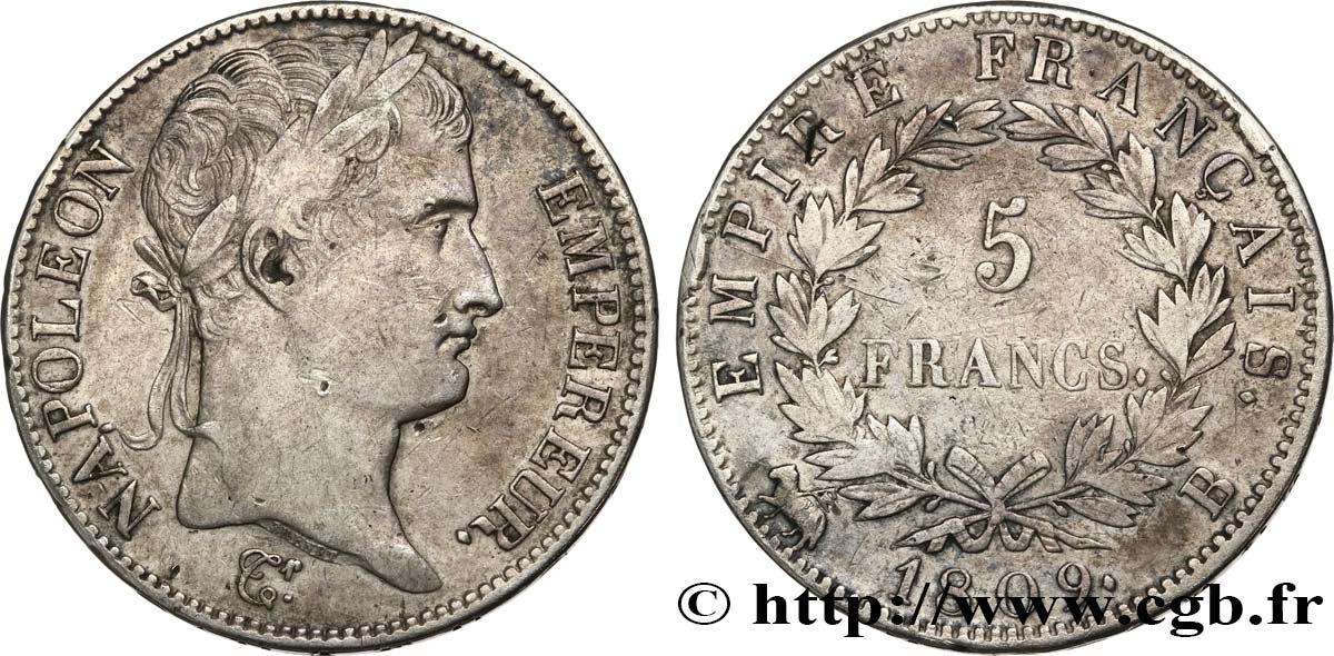 5 francs Napoléon Empereur, Empire français 1809 Rouen F.307/2 TB+ 