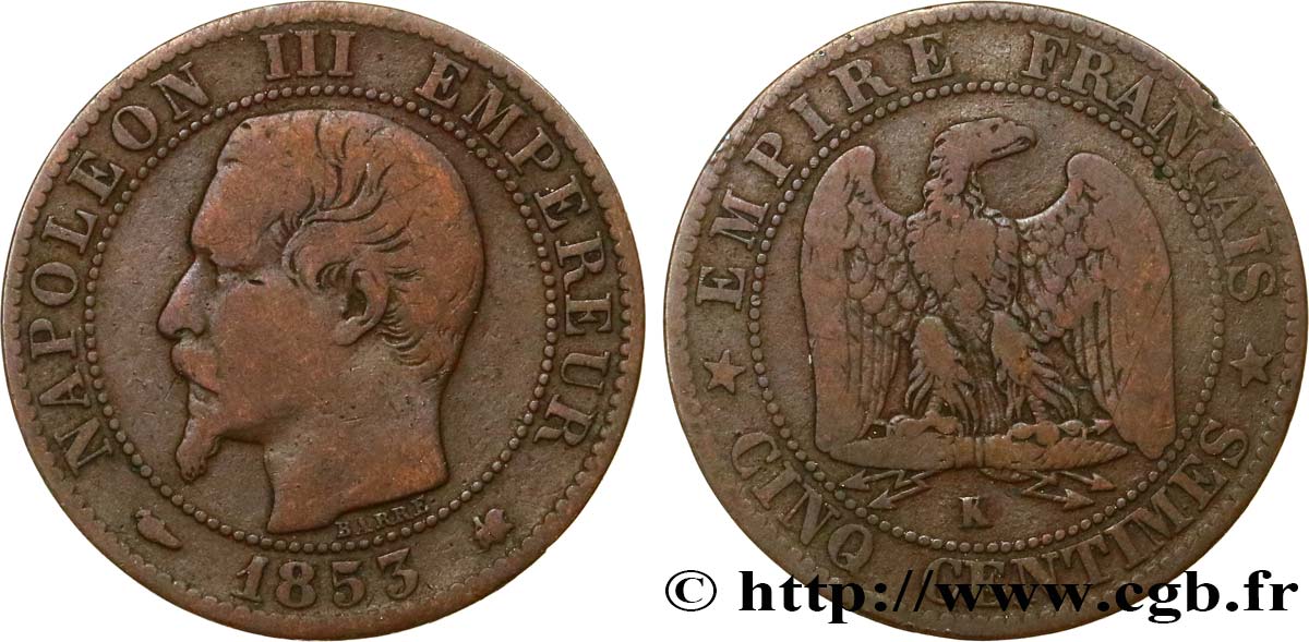 Cinq centimes Napoléon III, tête nue 1853 Bordeaux F.116/5 S20 