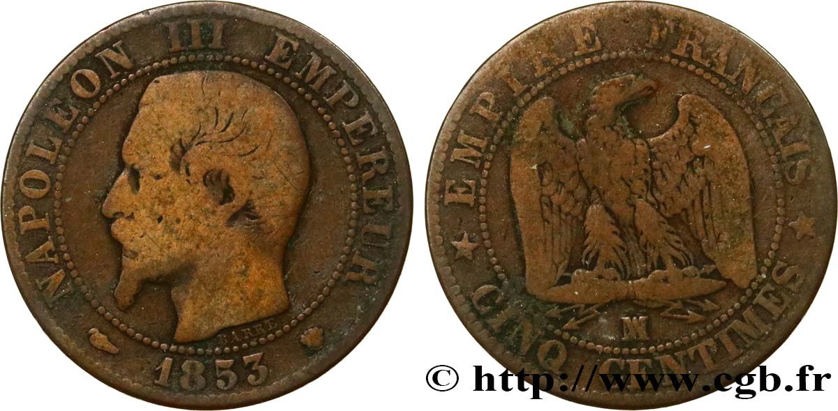 Cinq centimes Napoléon III, tête nue 1853 Marseille F.116/6 F12 